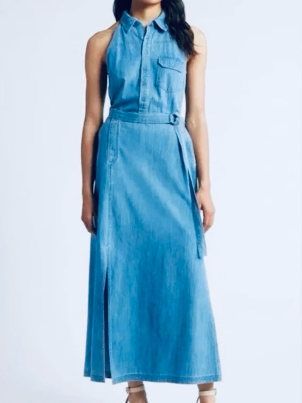 Sleeveless Light Blue Denim Maxi Dress with Side Slit and Belt - NWT